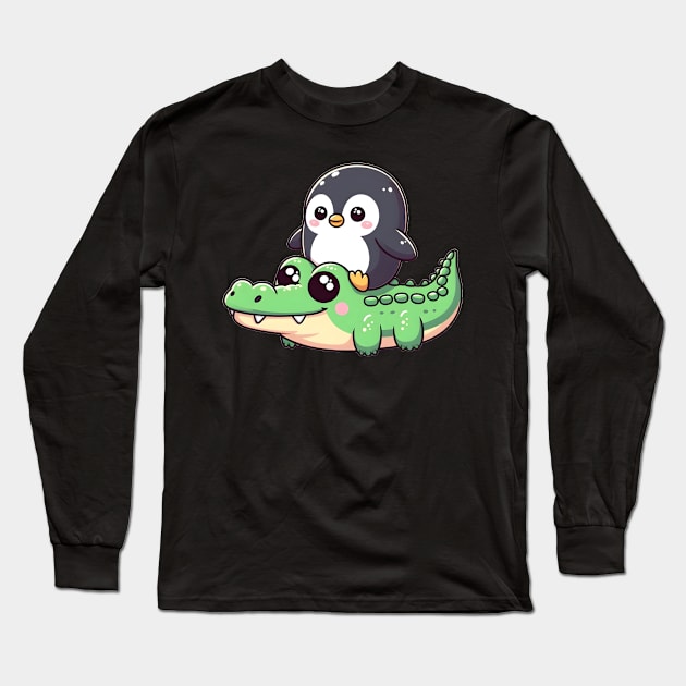 Penguin on crocodile safar Long Sleeve T-Shirt by FromBerlinGift